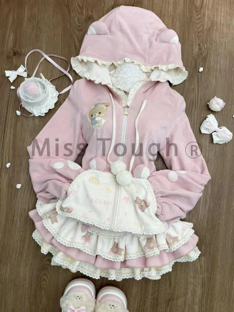 Pink kawaii bear hoodie+skirt set