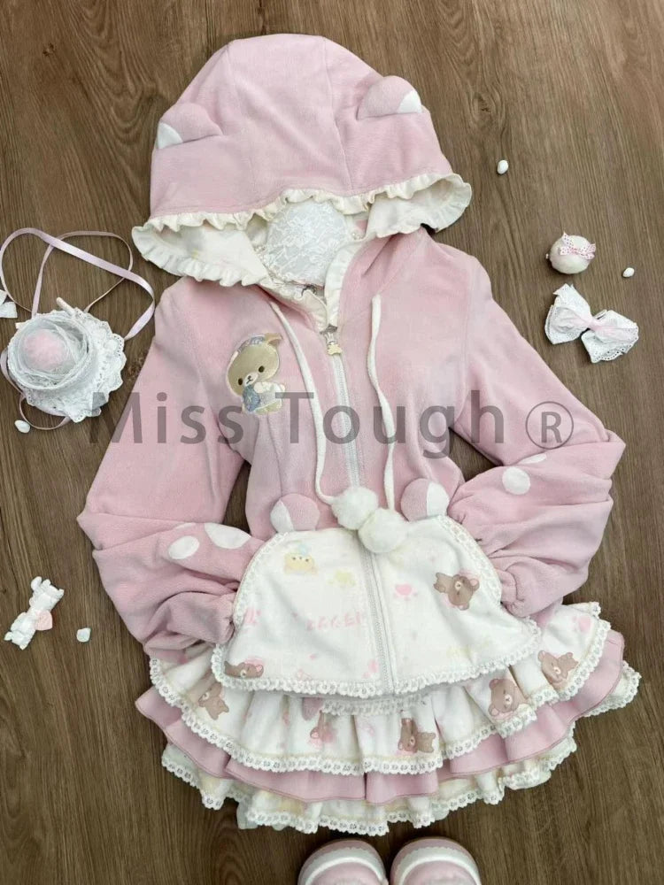 Pink kawaii bear hoodie+skirt set