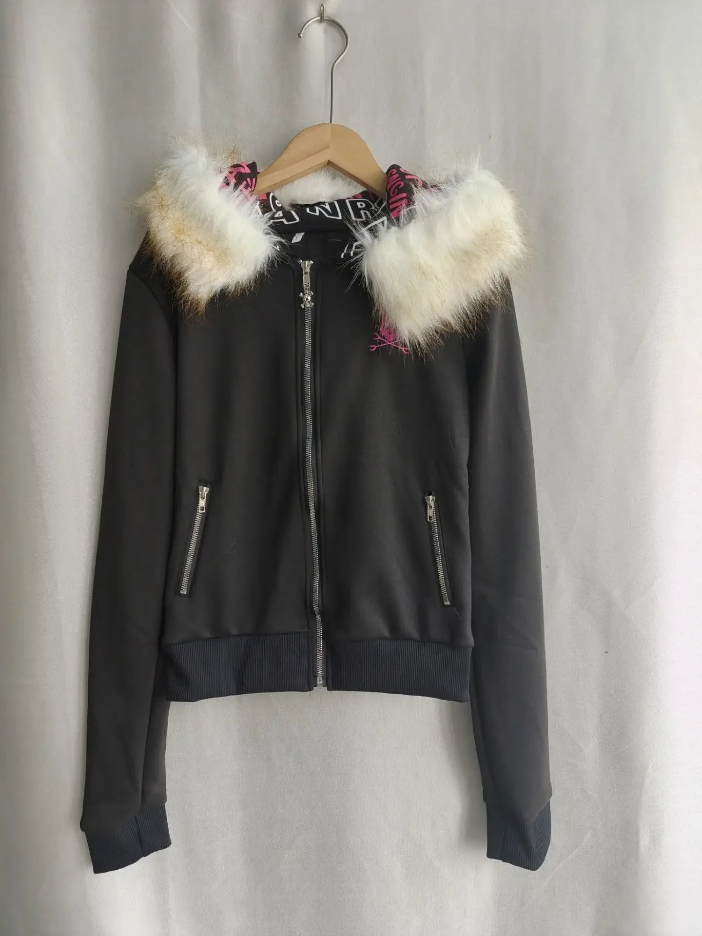 Black pink Y2K fur hoodie