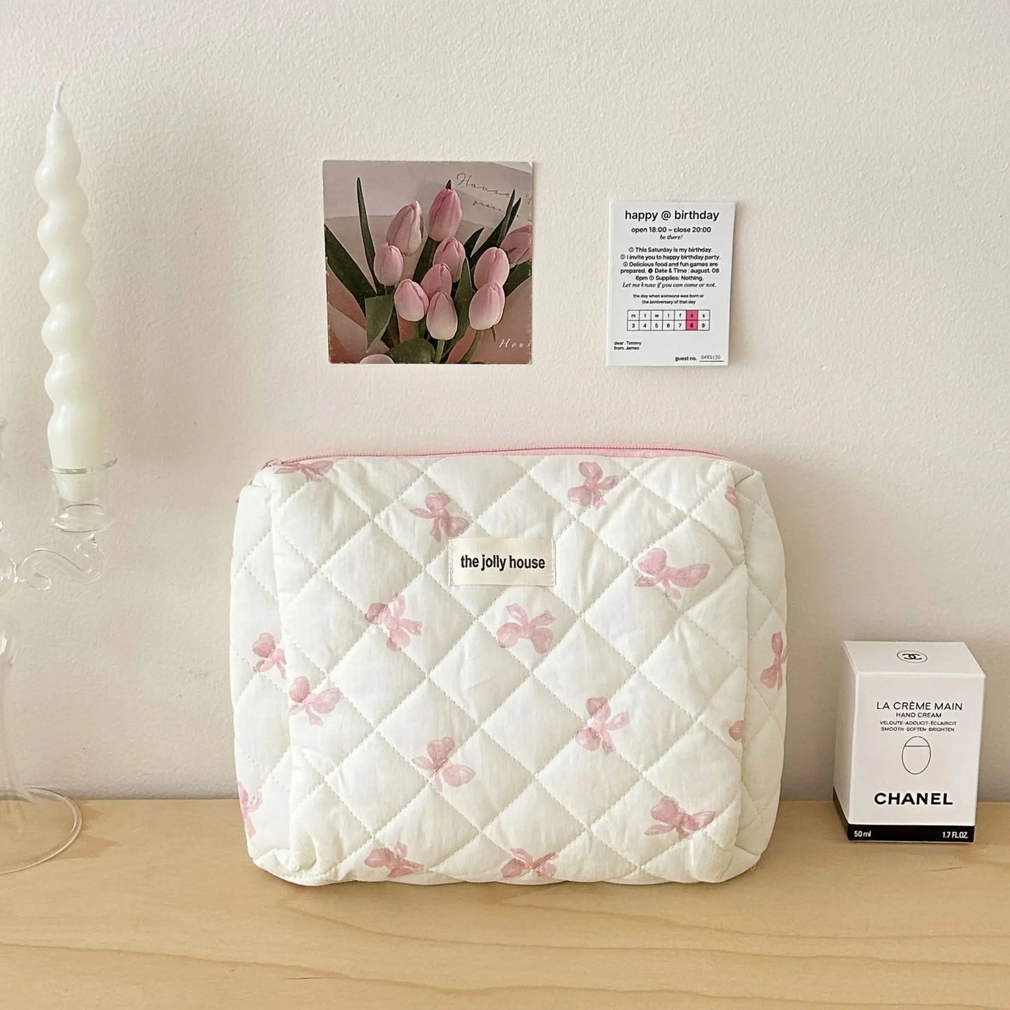 White pink&blue bow cosmetic travel pouches