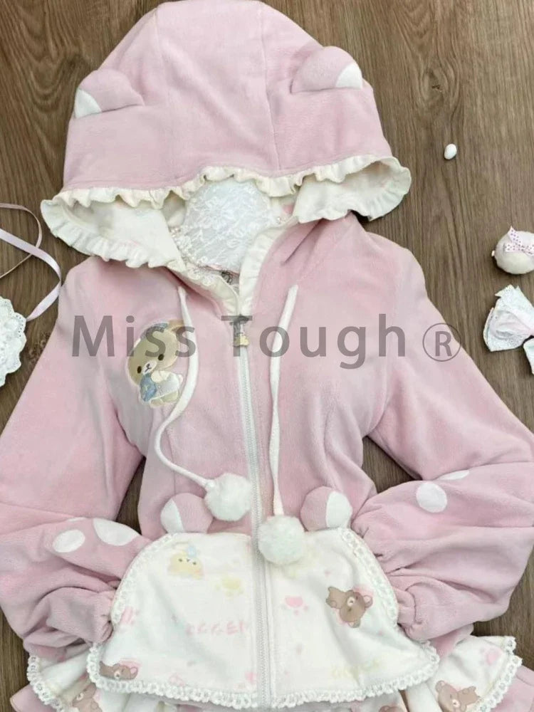 Pink kawaii bear hoodie+skirt set