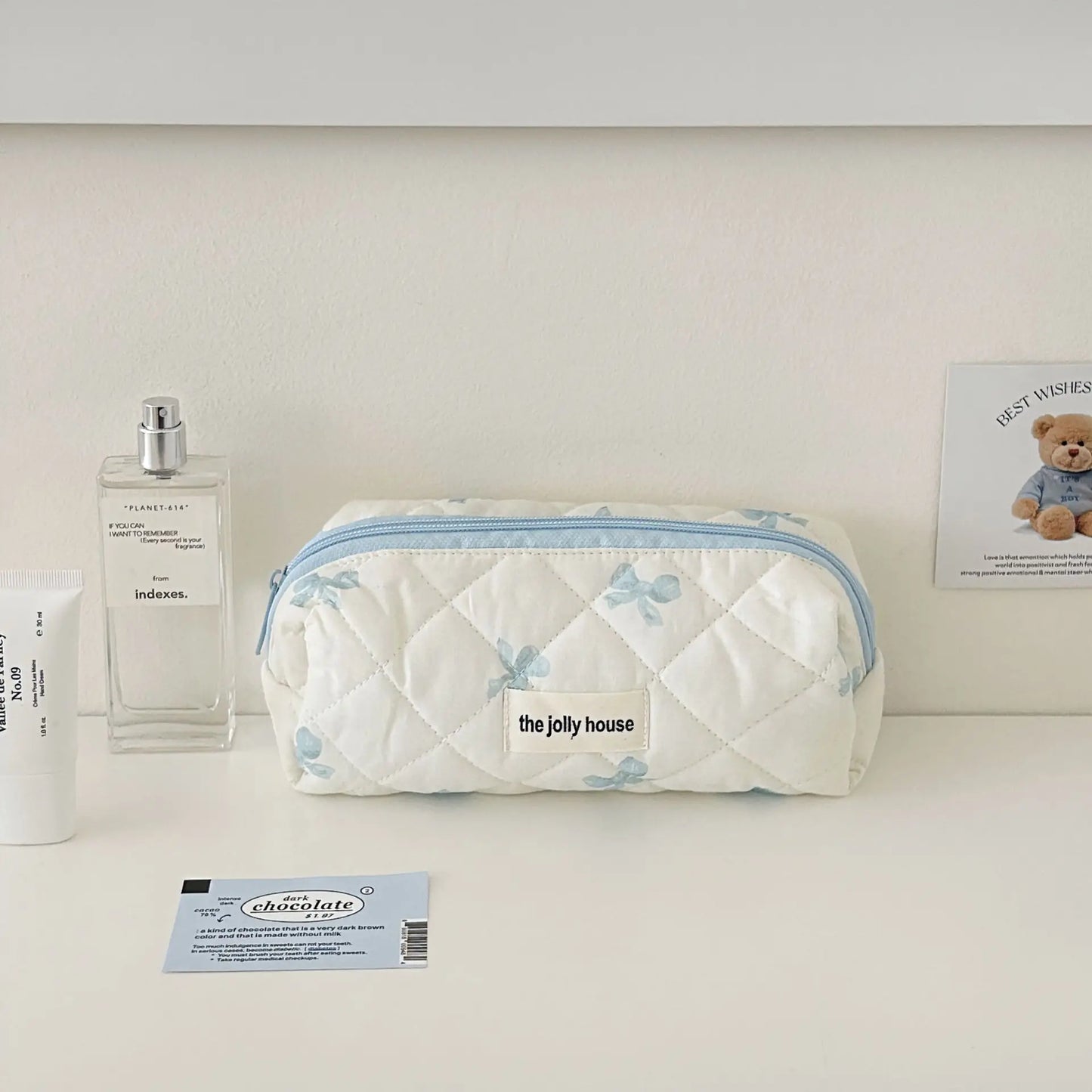 White pink&blue bow cosmetic travel pouches