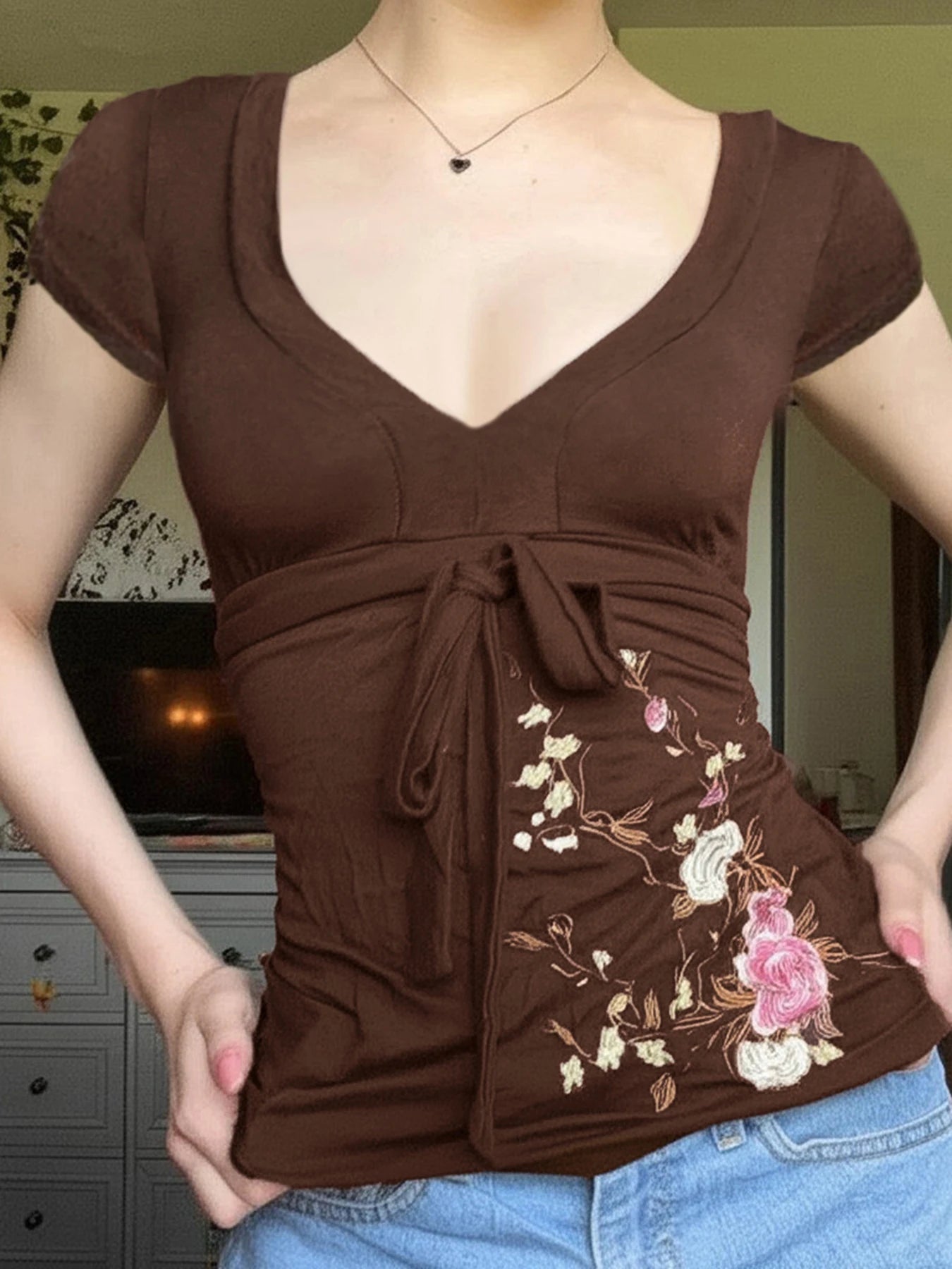 Brown blossom babydoll top