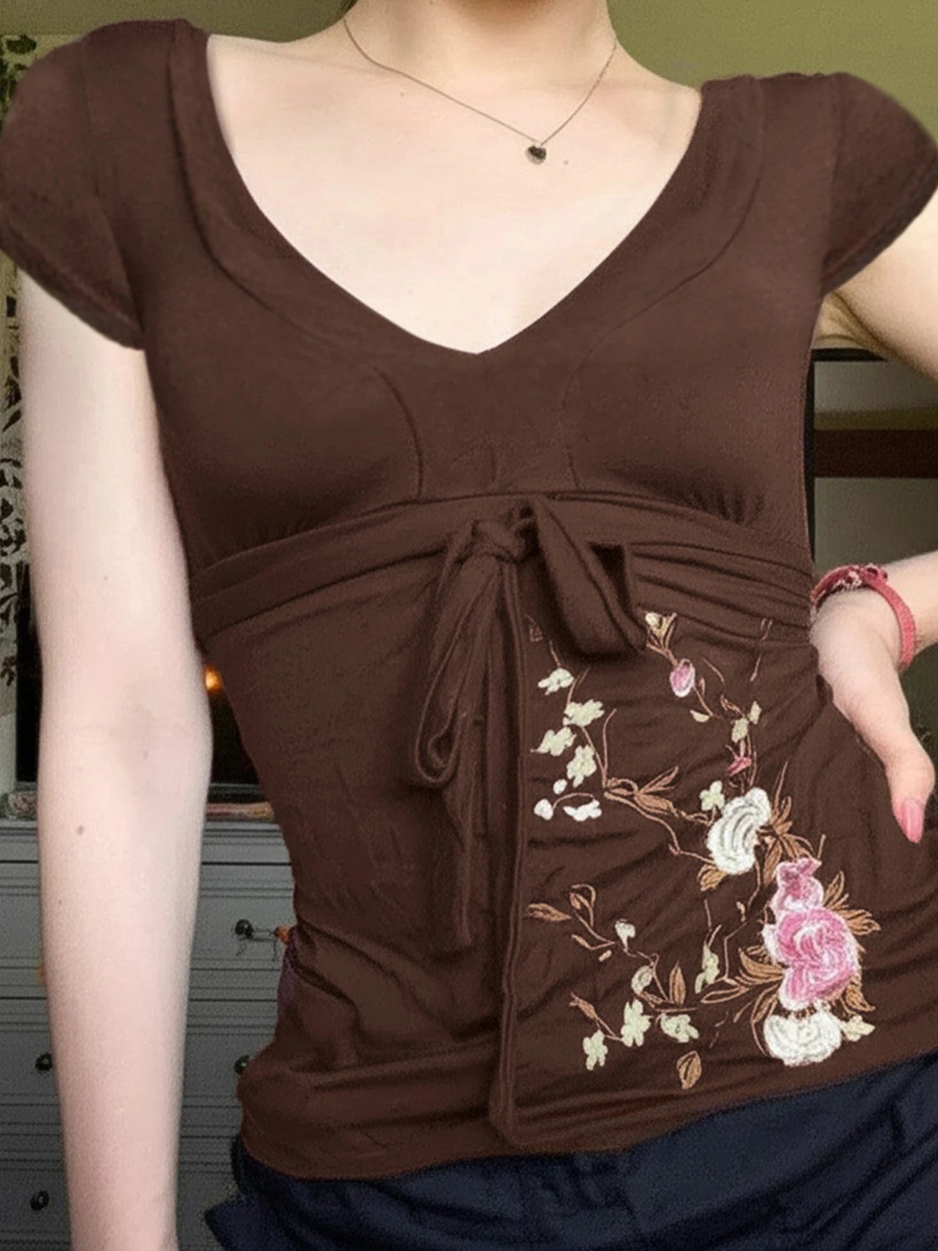 Brown blossom babydoll top