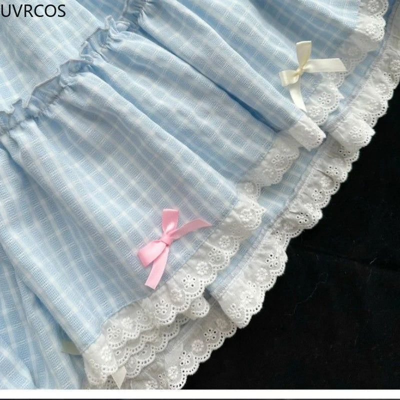 Kawaii blue plaid bow skirt