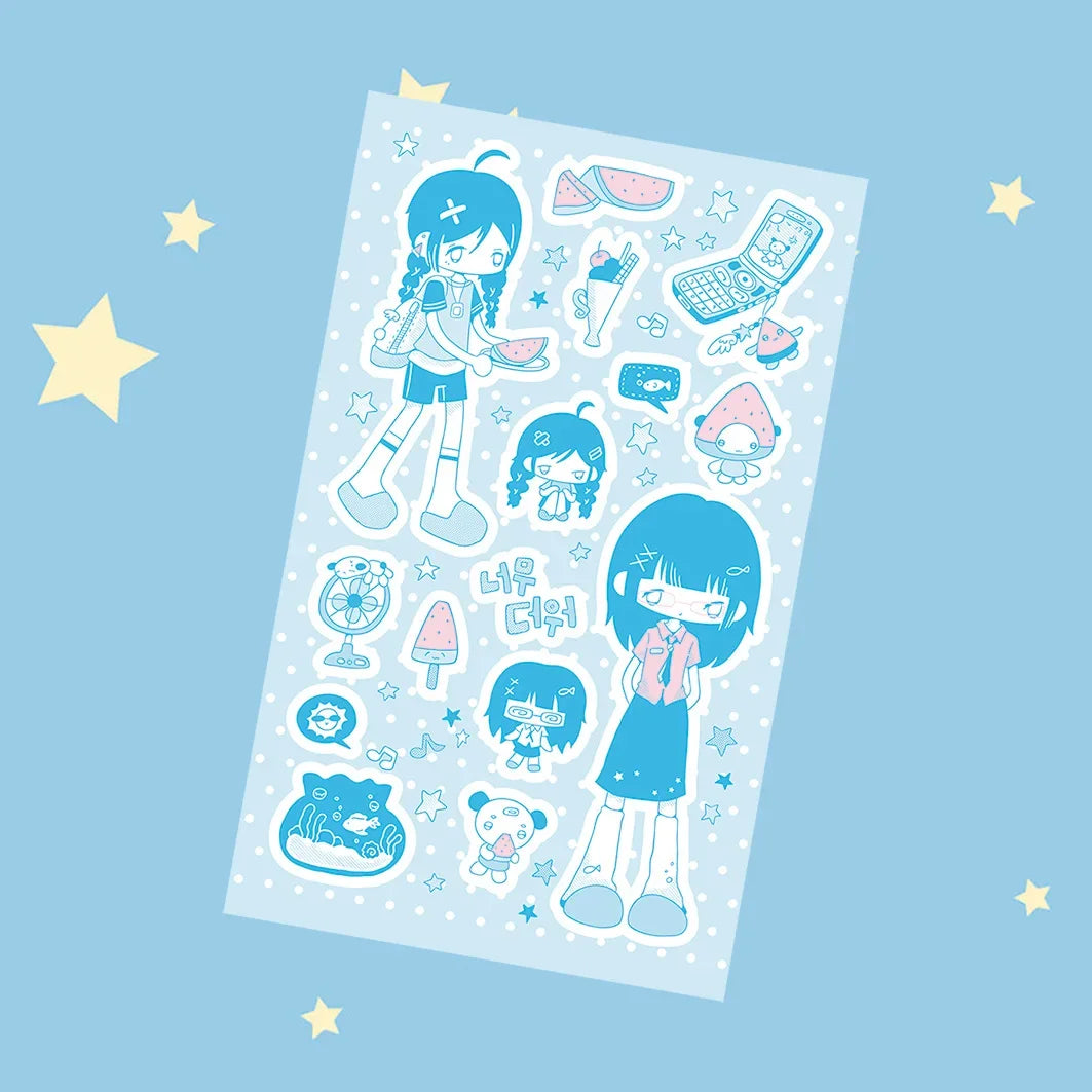 Blue bubbly character stickers 8PCS
