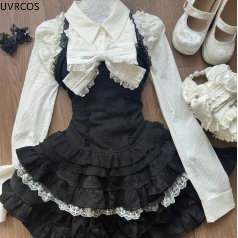 Horror protagonist white bow long sleeve set