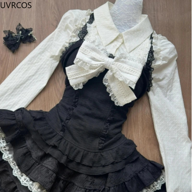 Horror protagonist white bow long sleeve set