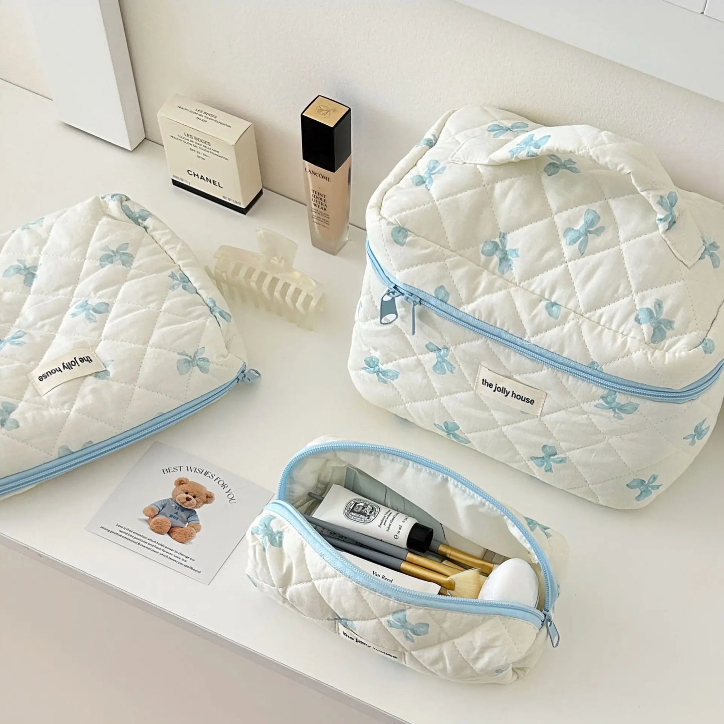 White pink&blue bow cosmetic travel pouches