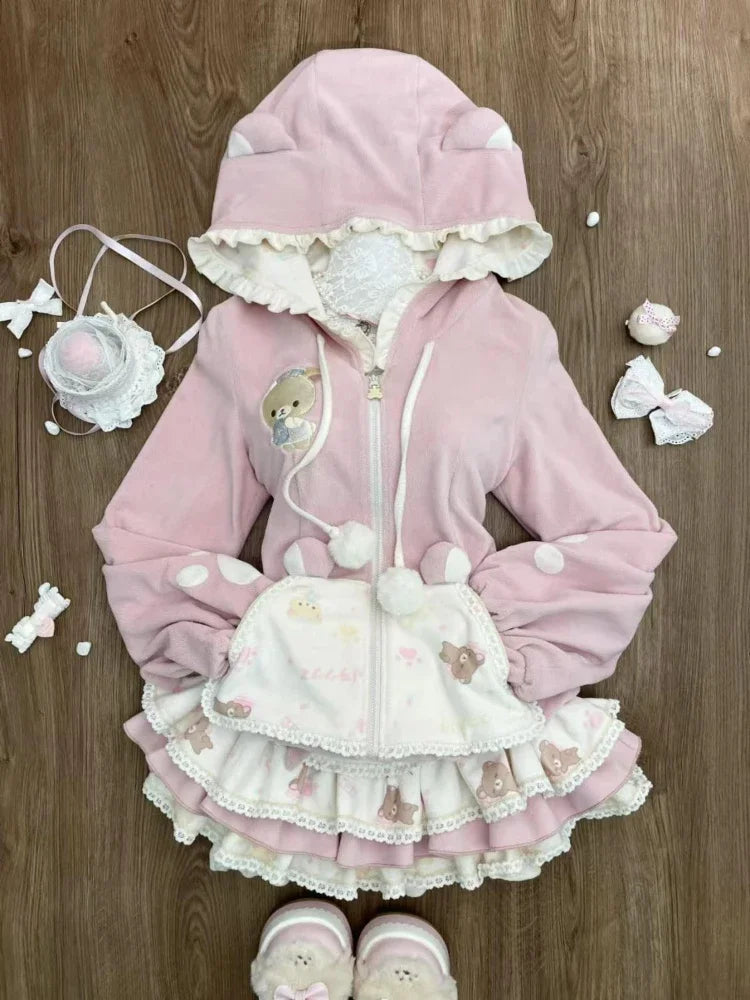 Pink kawaii bear hoodie+skirt set