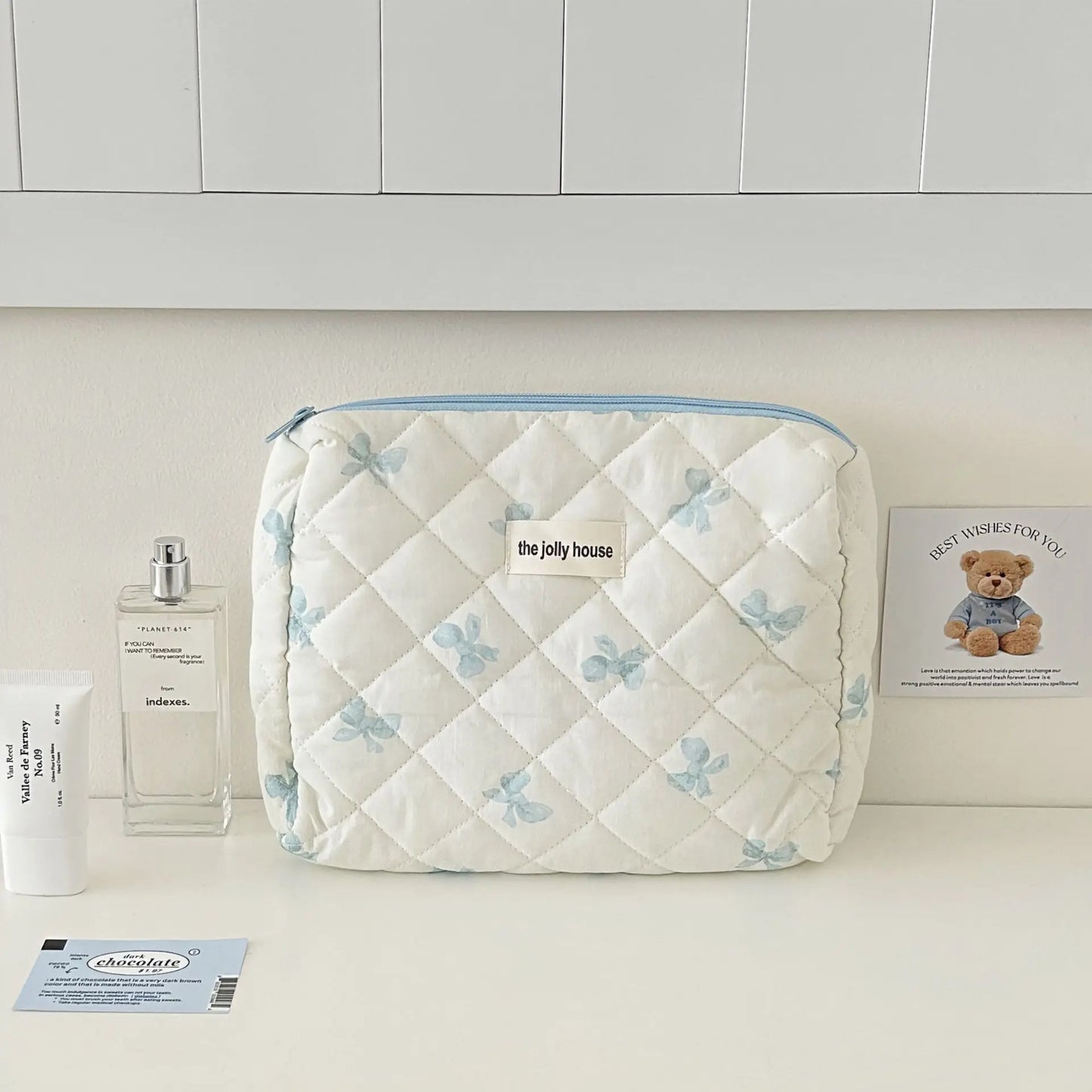 White pink&blue bow cosmetic travel pouches