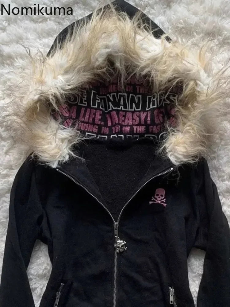 Black pink Y2K fur hoodie