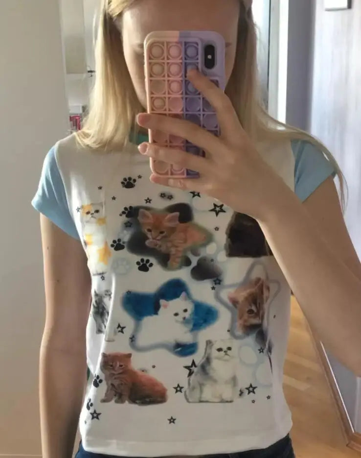 Y2K baby tee cats top