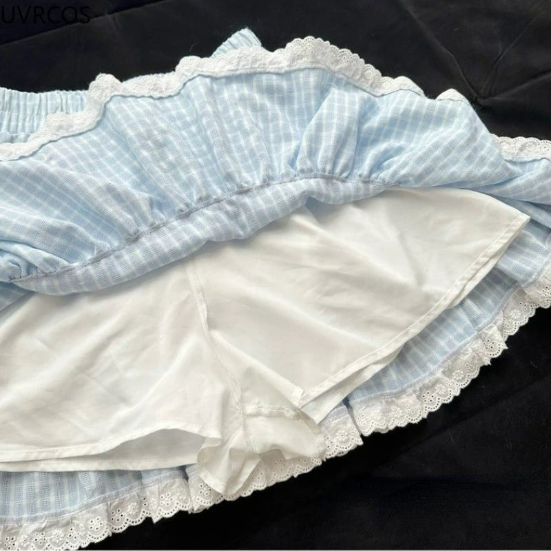 Kawaii blue plaid bow skirt