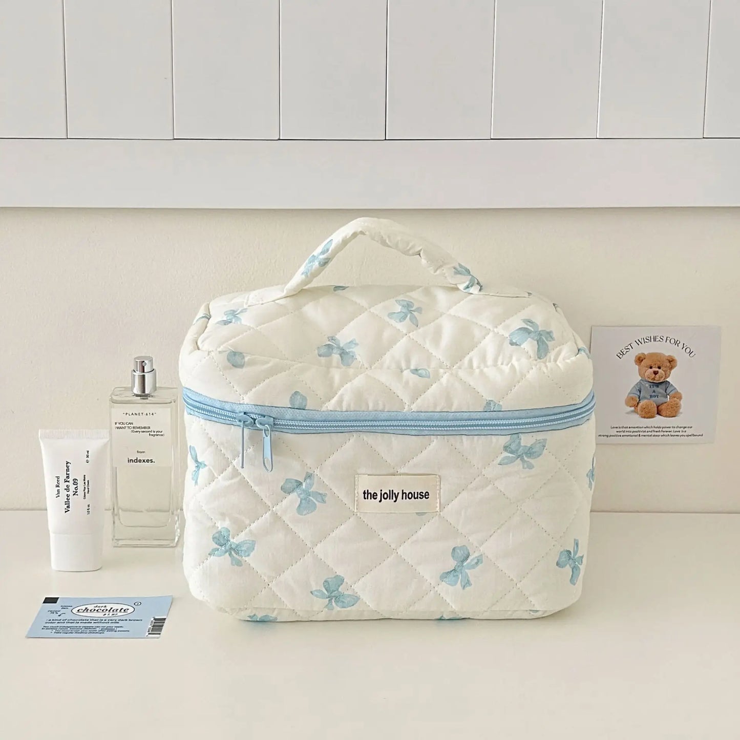 White pink&blue bow cosmetic travel pouches