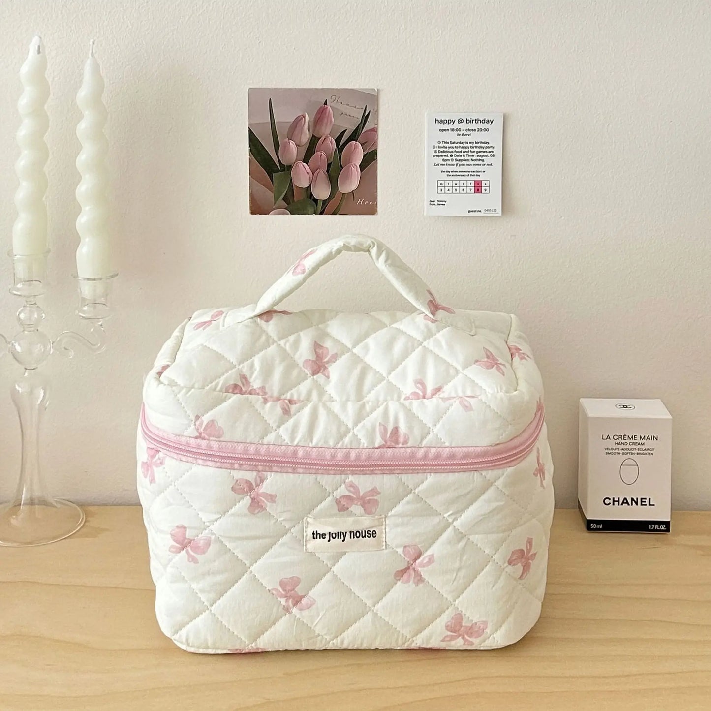 White pink&blue bow cosmetic travel pouches
