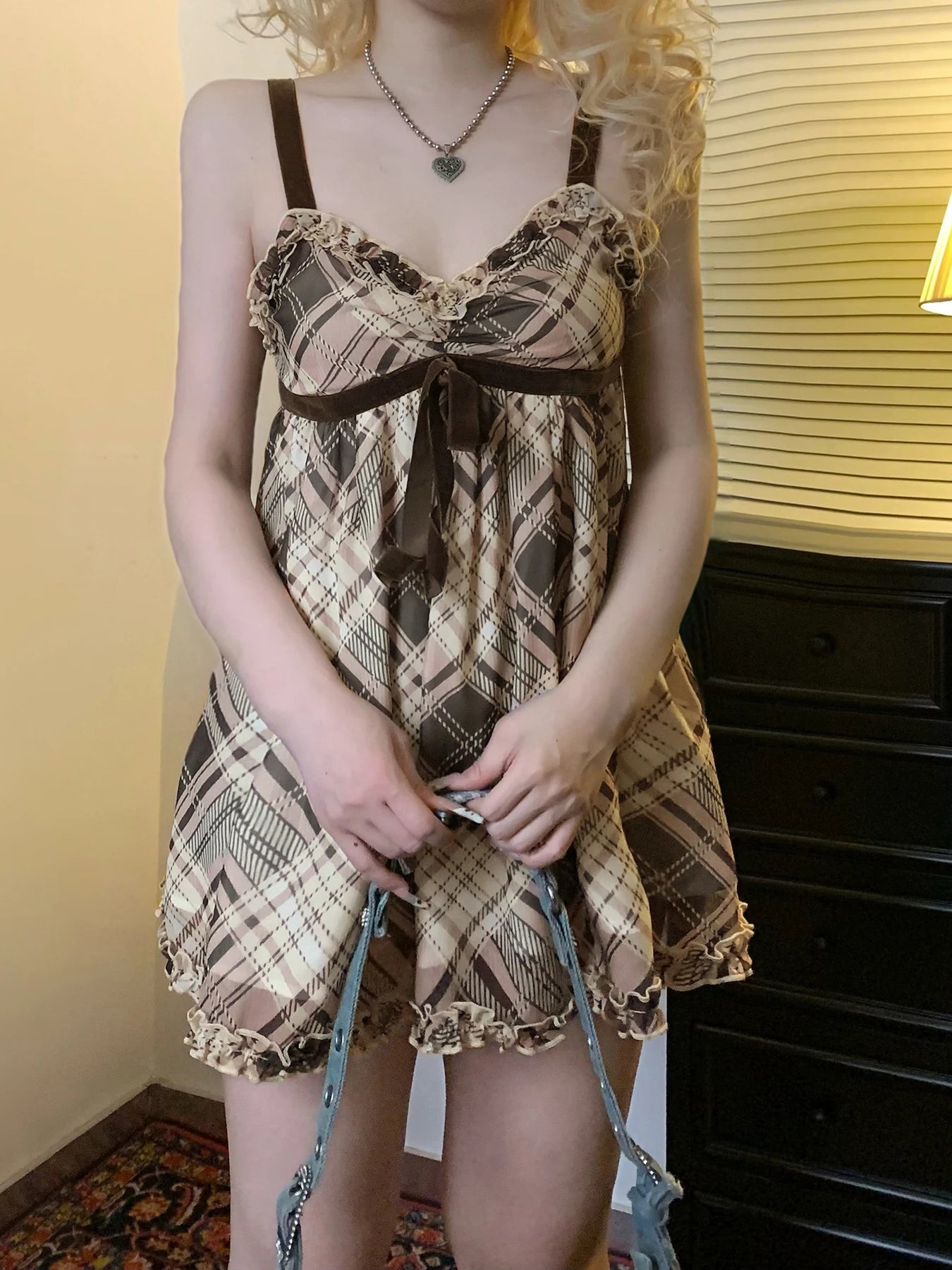 Sweet shoujo teddy plaid dress