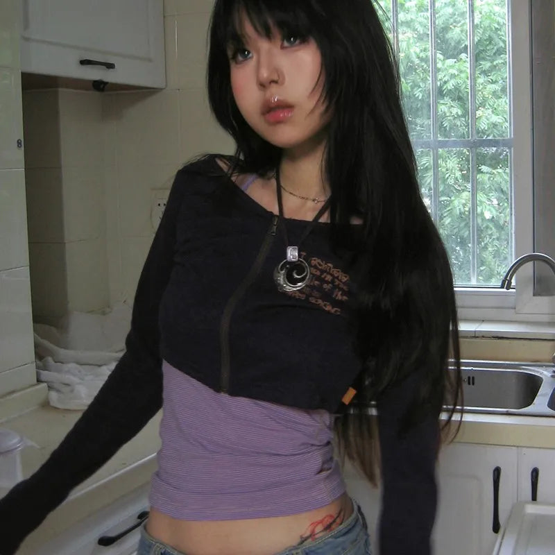 Violet Reverie: Japanese Y2K Two-Piece Set