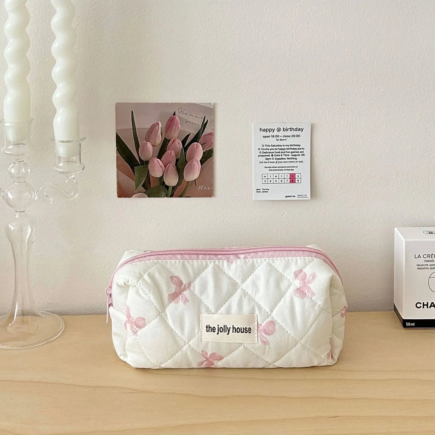 White pink&blue bow cosmetic travel pouches