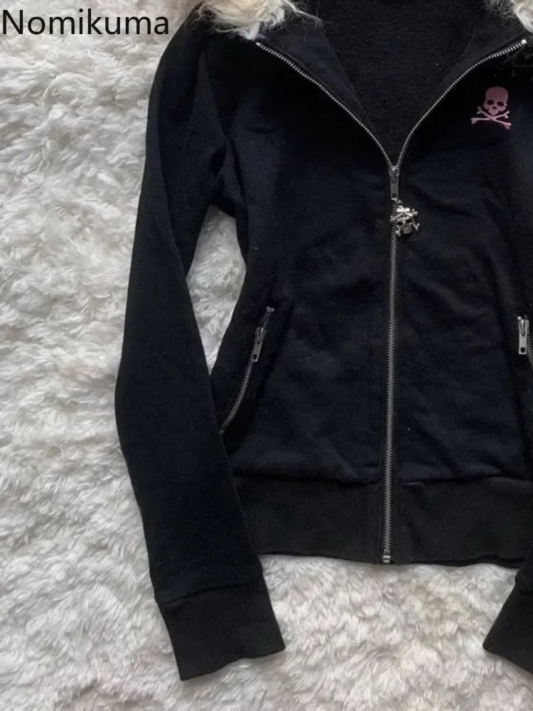 Black pink Y2K fur hoodie