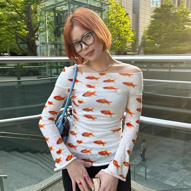 Frutiger aero fish off the shoulder top