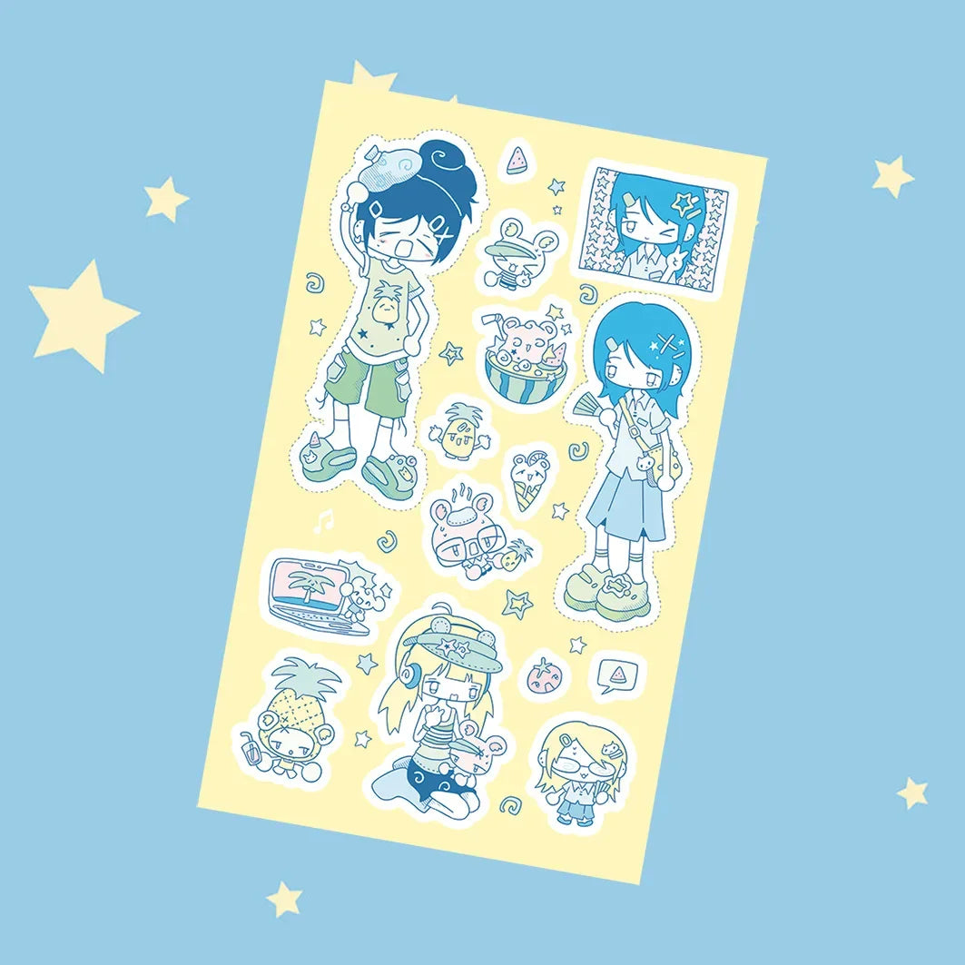 Blue bubbly character stickers 8PCS