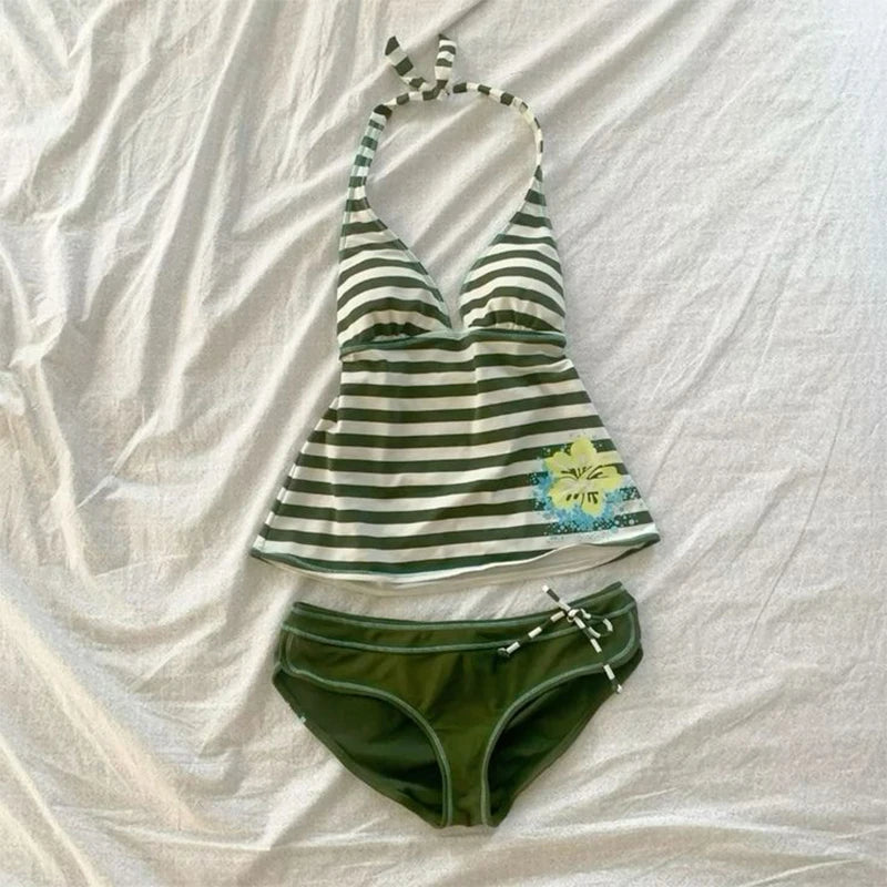 Green flower 2 piece bikini set