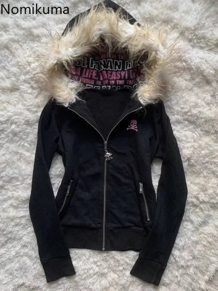 Black pink Y2K fur hoodie