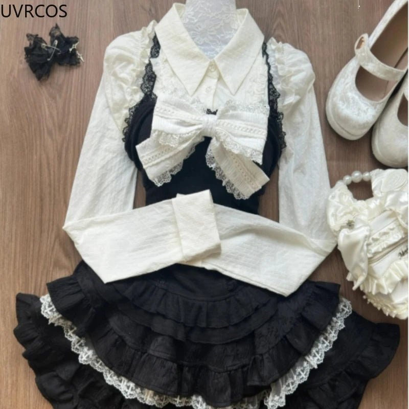 Horror protagonist white bow long sleeve set