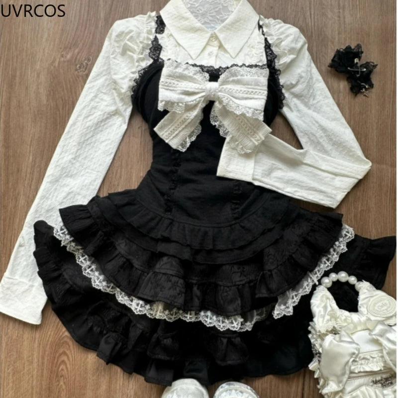 Horror protagonist white bow long sleeve set