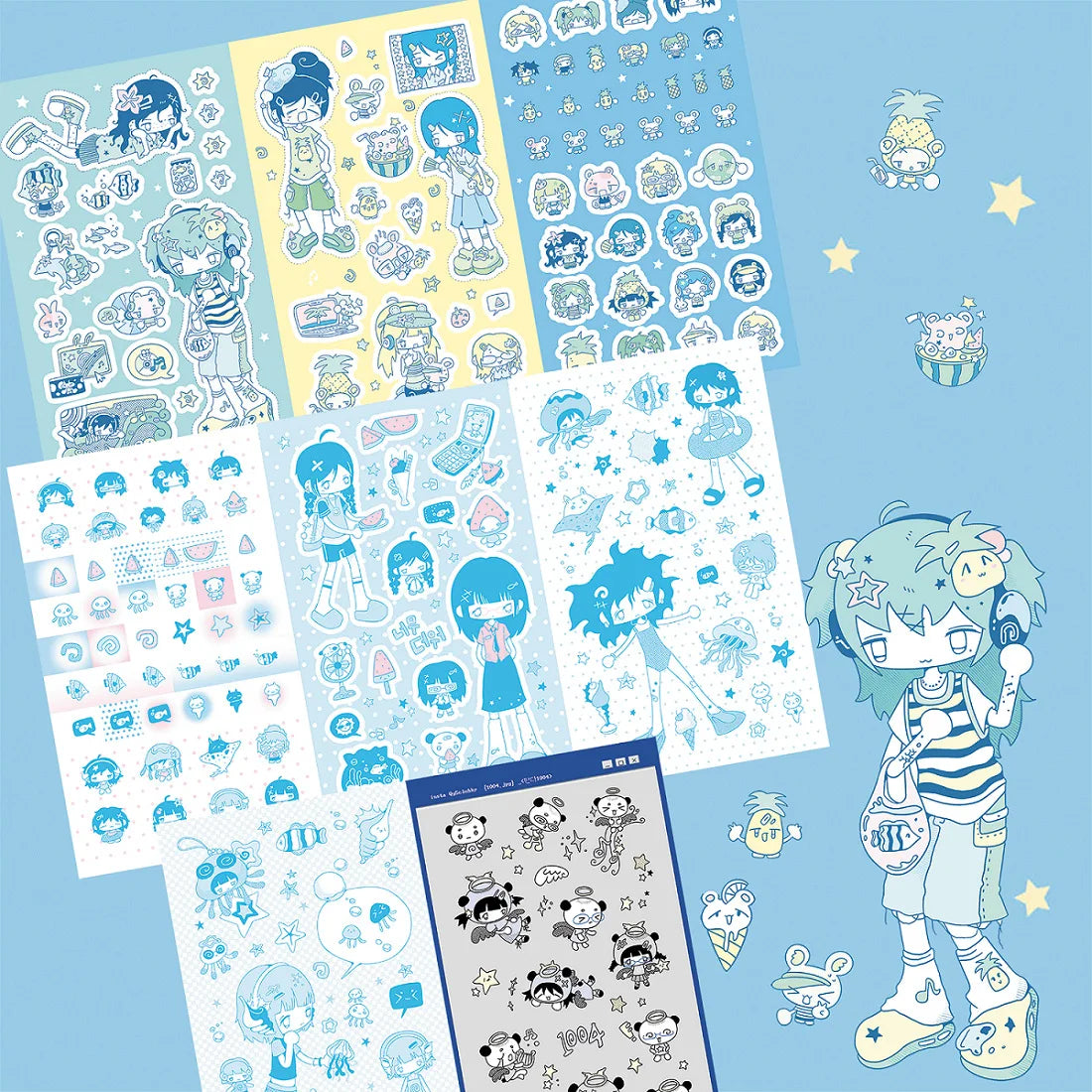 Blue bubbly character stickers 8PCS