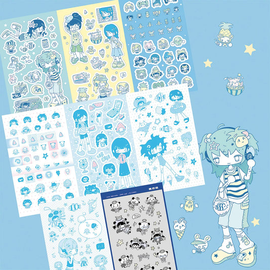 Blue bubbly character stickers 8PCS