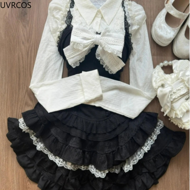 Horror protagonist white bow long sleeve set