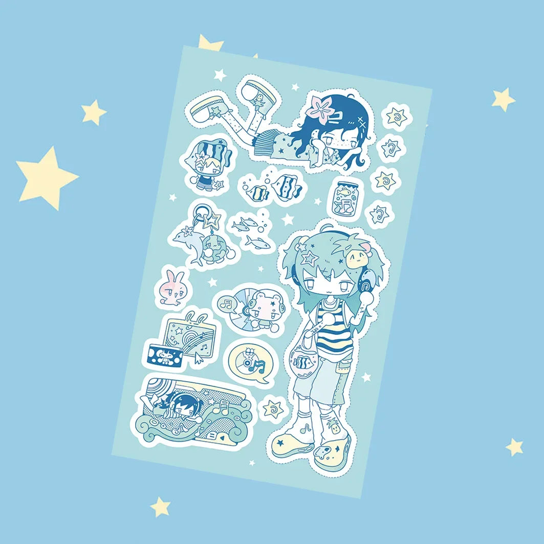 Blue bubbly character stickers 8PCS