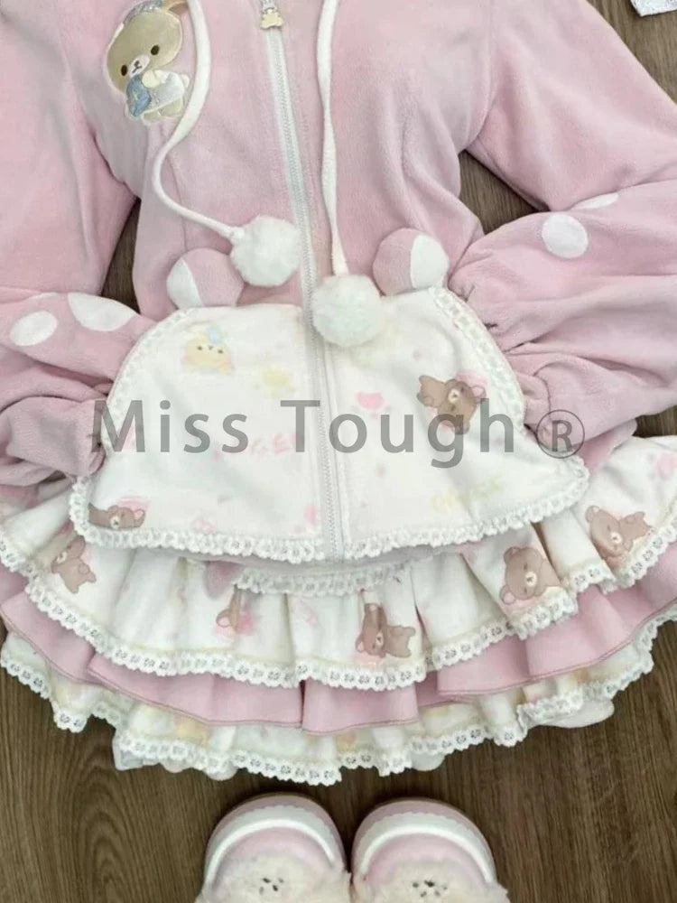 Pink kawaii bear hoodie+skirt set