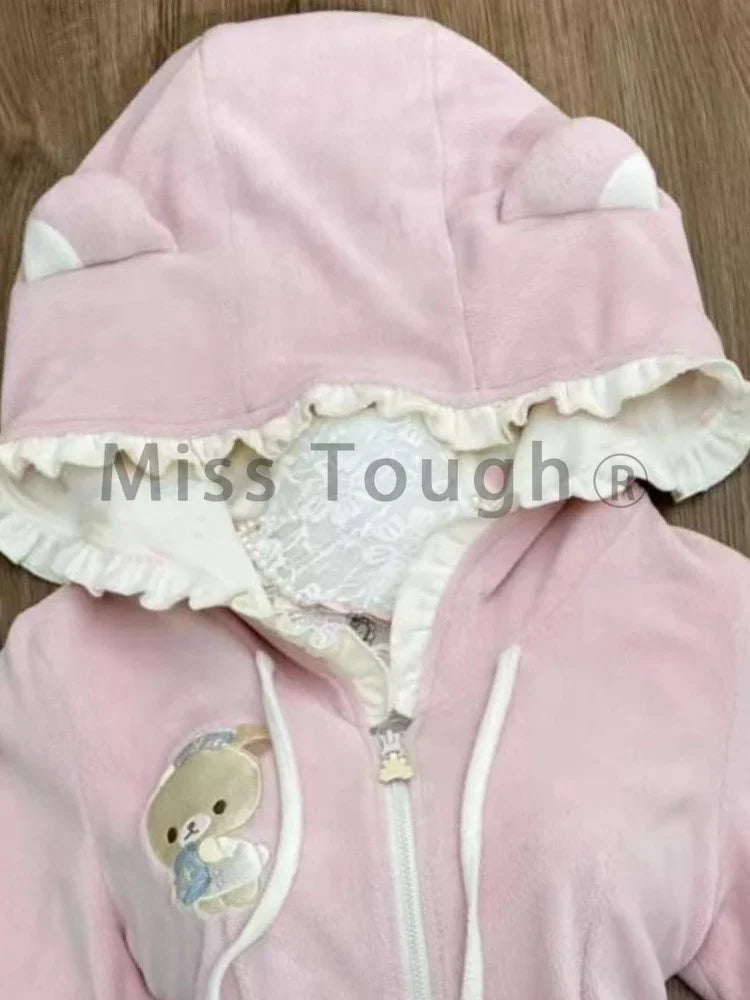 Pink kawaii bear hoodie+skirt set