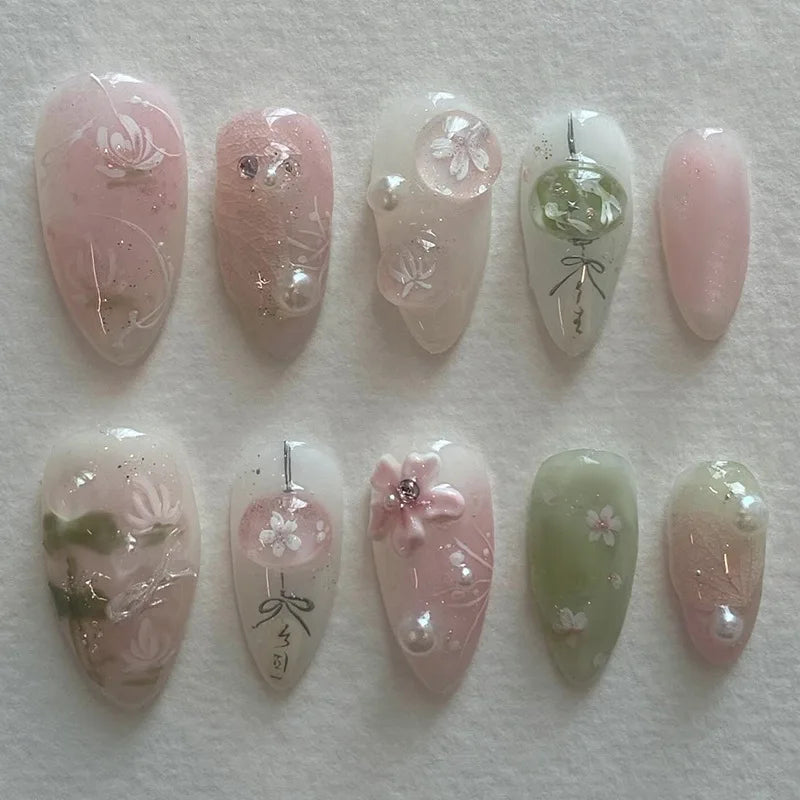 Japanese pink green press on nails