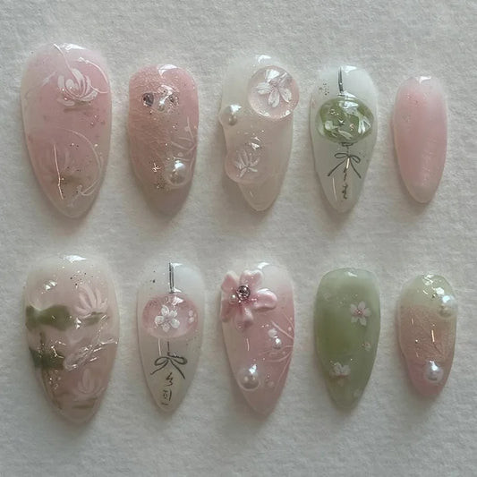 Japanese pink green press on nails