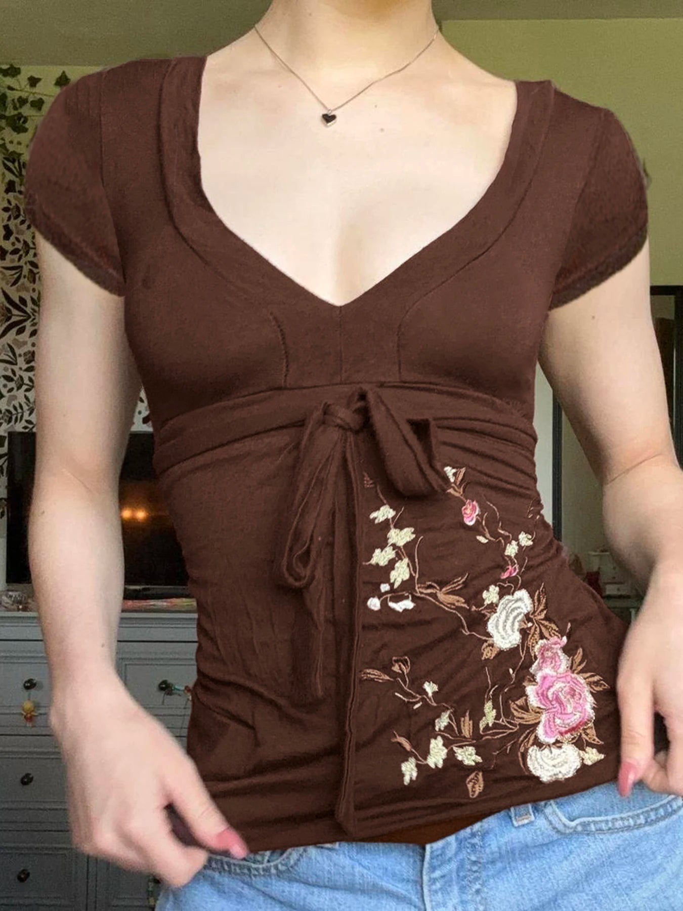 Brown blossom babydoll top