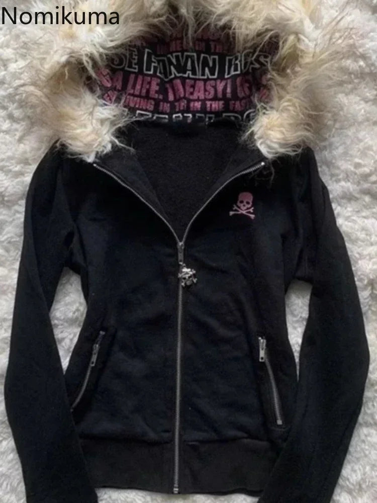 Black pink Y2K fur hoodie