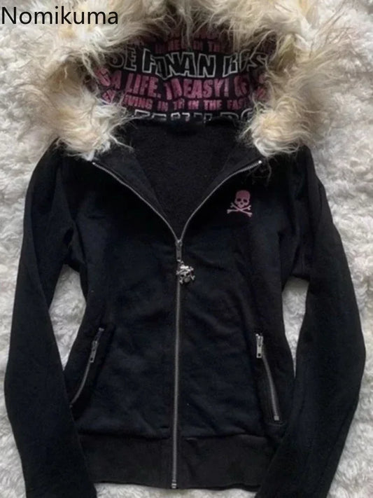 Black pink Y2K fur hoodie