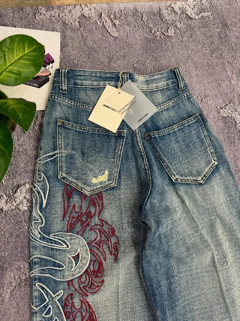 Red Y2K embroidery skater jeans