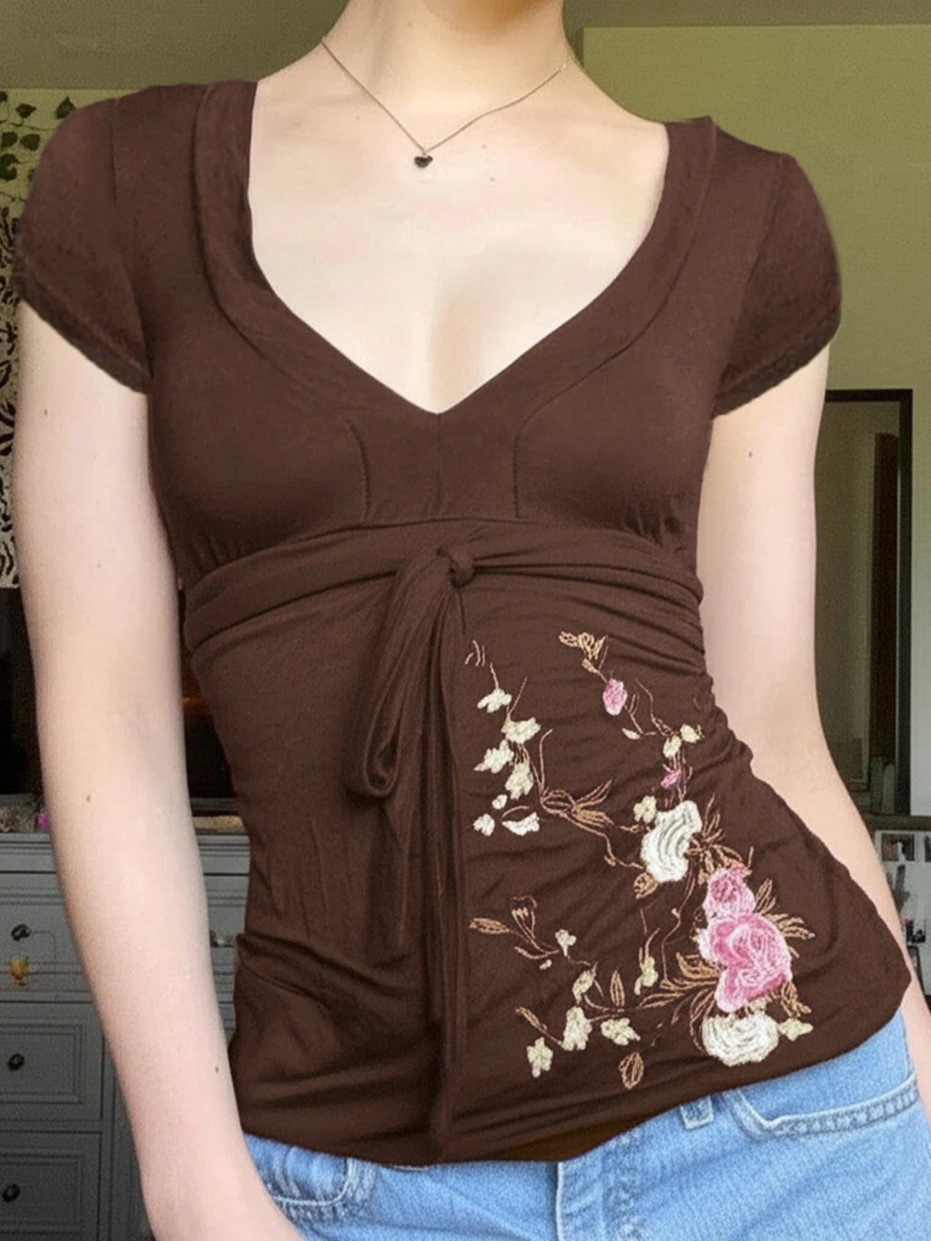 Brown blossom babydoll top