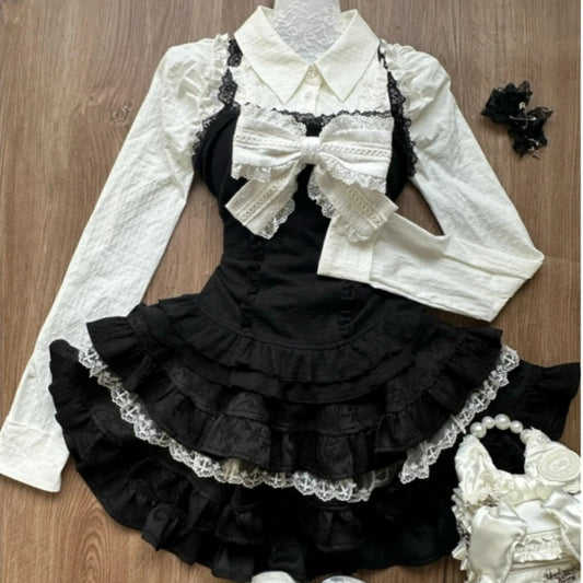 Horror protagonist white bow long sleeve set